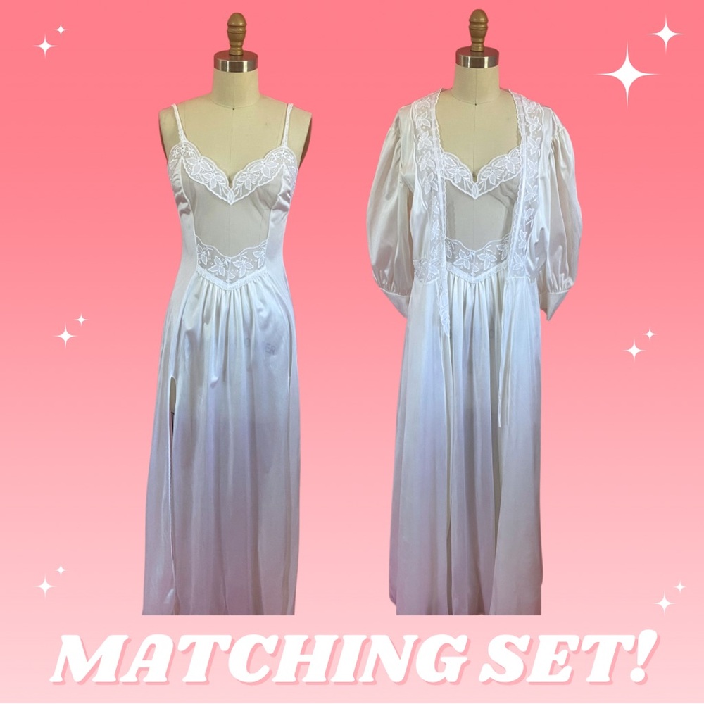 Vintage 70s/90s Bridal Coquette Matching Set Sheer Maxi Slip Dress + Robe ~XS